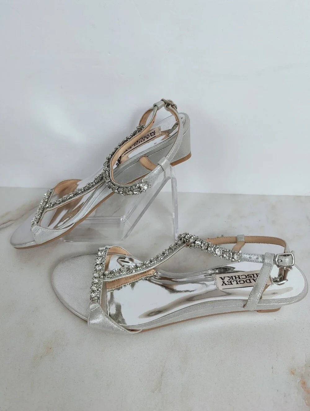 Badgley Mischka Silver Crystal T-Strap Wedge Sandals